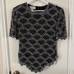 Laurence Kazar Black Beaded Evening Top Blouse Shell 100% silk Size L Vintage